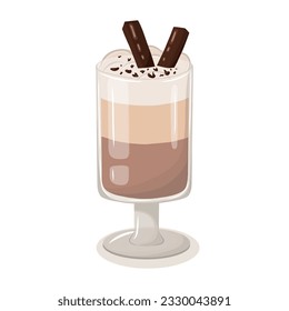 Latte en un vaso transparente con patatas fritas de chocolate y patatas fritas de chocolate. Ilustración vectorial. Obtenido a mano.