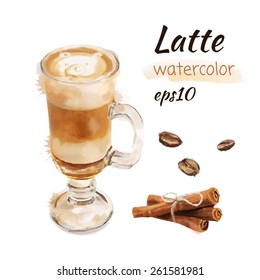 Latte Watercolor Illustration With Coffee Beans And Cinnamon. Vector Illustration Eps10.