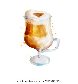 Latte Watercolor. Illustration For Cooking Site, Menus, Books. Hand Drawn. Vector Illustration. 