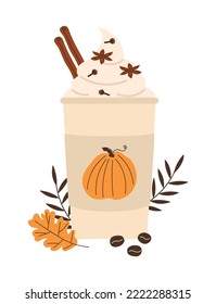 Latte with whipped cream and spices. Coffee in paper cup. Cup of coffee with pumpkin spices. Hot delicious autumn seasonal drink.  Cozy fall illustration. Flat vector isolated on white background. 