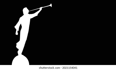 The Latter Day Saints angel Moroni blowing a horn in white set on a black background