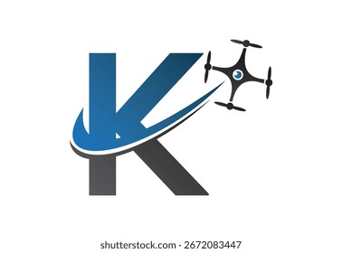 Latter K drone logo design template with blue and gray color