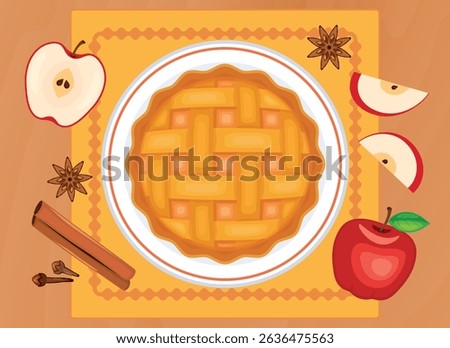 Lattice apple pie on a plate top view vector illustration. Round sweet pie, apples, cinnamon and spices on a wooden table above view vector. Whole latticed apple pie on the table drawing