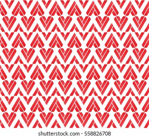 Lattice up and down hearts with v shape seamless pattern in red and white color. Geometric shapes background. Vector illustration