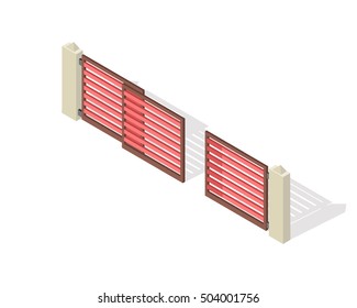 Lattice fence and gate with columns isolated on white. Gate with sliding system. Isometric projection. Metal and wooden gates and fences for yard in flat style design. Vector illustration