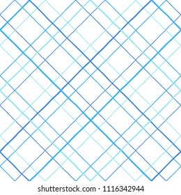 Lattice, grating made of uneven hand drawn doodle diagonal stripes. Blue, navy color seamless repeat pattern. Crossing  streaks geometrical background. Square grid, mesh texture with rhombus shapes.