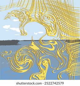 
Lattice (imitation gold). Melted and partially twisted and torn. Behind it is a view of the water, with land far away on the horizon.