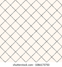 Lattice made of uneven brush, chalk drawn diagonal stripes seamless repeat pattern. Square grid, trellis, mesh texture with rhombus cells. Crossing textured streaks, bars geometric retro background.