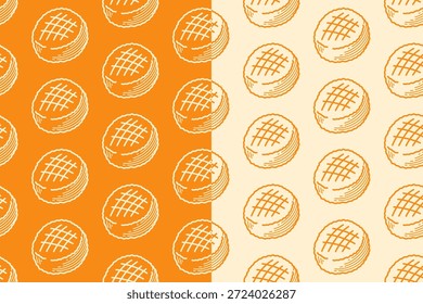 Lattice pastry engraving seamless pattern on yellow beige background set for merchandise. Baked tart hatching pattern background for cafes. Mini pie round dessert line art motif wallpaper for bakery