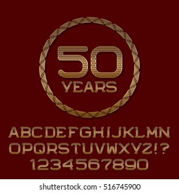 Lattice patterned font of gold letters and numbers with round frame. Editable anniversary celebration logo symbol.