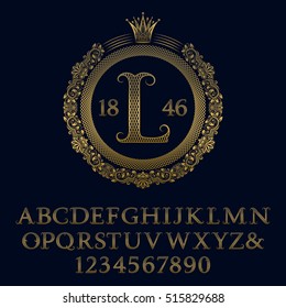 Lattice patterned gold letters and numbers with initial monogram in coat of arms form. Decorative patterned font for logo design. Isolated english vintage alphabet, figures.
