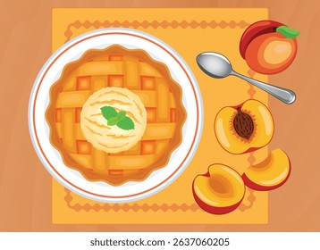 Lattice peach pie on a plate top view vector illustration. Round sweet pie and fresh peaches on a wooden table above view vector. Whole latticed peach pie and vanilla ice cream on the table drawing