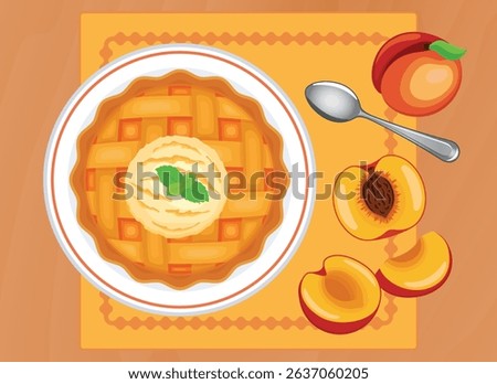 Lattice peach pie on a plate top view vector illustration. Round sweet pie and fresh peaches on a wooden table above view vector. Whole latticed peach pie and vanilla ice cream on the table drawing