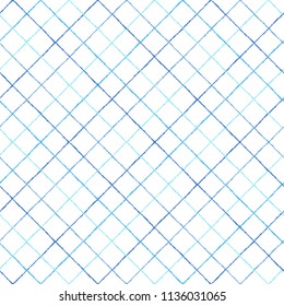 Lattice, sieve, mesh made of uneven brush, chalk drawn diagonal narrow stripes seamless repeat pattern. Square grid, net, plaid texture. Crossing textured thin streaks, bars geometric background.