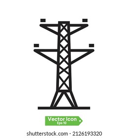 Lattice Tower And Overhead Power Line Isolated Thin Line Icon. Vector Two Phase Transmission Towers Power Lines Outline Sign. Electricity Pylon Structure, Steel Lattice Tower To Support Power Line