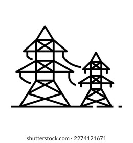 Torre de entramado y línea de alimentación aérea aislada de línea delgada icono.