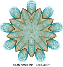 Lattice woven guilloche wheel rosette with bulb-shaped petals alternating with a floating star form.