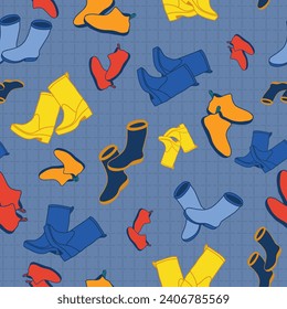 A lattice-textured blue background with yellow, blue, navy blue, orange and red rubber boots scattered on this vector repeat seamless pattern design.