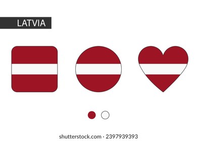 Letonia tiene 3 formas (cuadrado, círculo, corazón) con bandera de la ciudad. Aislado sobre fondo blanco.