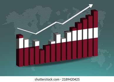 Latvia 3D bar chart graph with ups and downs, increasing values, Latvia country flag on 3D bar graph, upward rising arrow on data, news banner idea, developing country concept