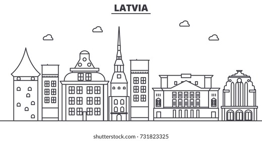 Latvia architecture line skyline illustration. Linear vector cityscape with famous landmarks, city sights, design icons. Landscape wtih editable strokes
