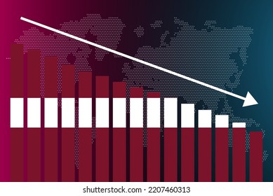 Latvia bar chart graph, decreasing values, crisis and downgrade concept, Latvia flag on bar graph, down arrow on data, news banner idea, fail and decrease, financial statistic