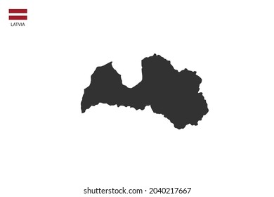 Mapa de la sombra negra de Letonia aislado en el fondo blanco con la bandera del icono de Letonia en la esquina izquierda.