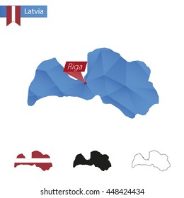 Latvia blue Low Poly map with capital Riga, versions with flag, black and outline. Vector Illustration.