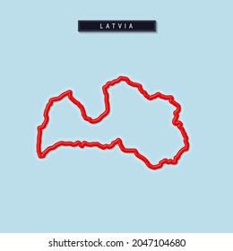 Latvia bold outline map. Glossy red border with soft shadow. Country name plate. Vector illustration.