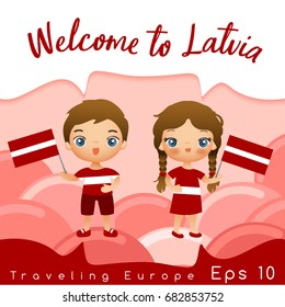 Latvia : Boy and girl with national flag : Vector Illustration