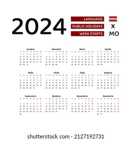 Latvia calendar 2024. Week starts from Monday. Vector graphic design. Latvian language.