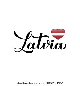 Latvia calligraphy hand lettering isolated on white. Latvian flag in shape of heart. Easy to edit vector template for typography poster banner, flyer, sticker, shirt, postcard, etc.