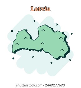 Latvia cartoon colored map icon in comic style. Country sign illustration pictogram. Nation geography splash business concept.