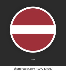 Latvia circle flag icon with white border on dark grey background. Latvia button flag icon isolated on barely dark background.