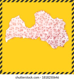 Latvia closed - virus danger sign. Lock down country icon. Black striped border around map with virus spread concept. Vector illustration.