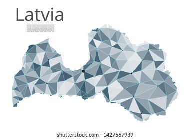Latvia communication network map. Vector low poly image of a global map with lights in the form of cities in or population density consisting of points and shapes and space. Easy to edit