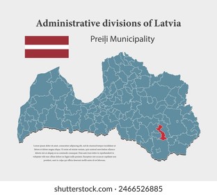Latvia country - high detailed illustration map divided on regions. Blank Latvia map isolated on background. Vector template Preili municipality for website, pattern, infographic, education