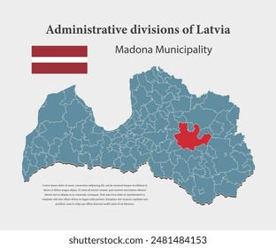 Latvia country - high detailed illustration map divided on regions. Blank Latvia map isolated on background. Vector template Madona municipality for website, pattern, infographic, education