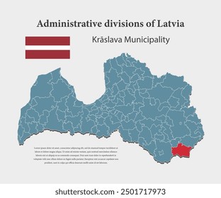 Latvia country - high detailed illustration map divided on regions. Blank Latvia map isolated on background. Vector template Kraslava municipality for website, pattern, infographic, education