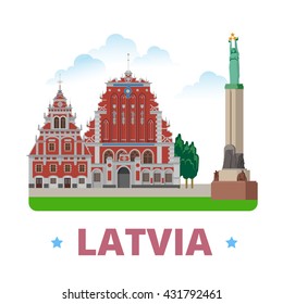 Latvia country magnet design template. Flat cartoon style historic sight showplace web vector illustration. World vacation travel Europe European collection. House of the Blackheads Freedom Monument.