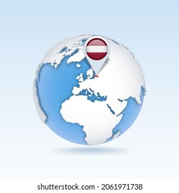 Latvia - country map and flag located on globe, world map. 3D Vector illustration