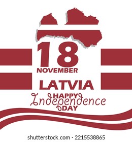 Latvia country map with flags and ribbon with bold text on white background to commemorate Latvia Independence Day on November 18