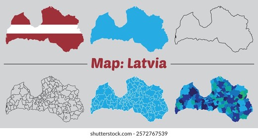 Latvia country map set. internal provinces borders marked, Simple map of Latvia vector drawing, Filled and outline.