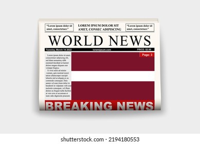 Latvia country newspaper with flag, breaking news on newsletter, Latvia news concept, gazette page with headline, journal with country flag, reading newspaper, streamer headline