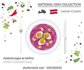 Latvia Cuisine. European national dish collection. Latvian cold beet soup isolated on white, infographic. Vector illustration