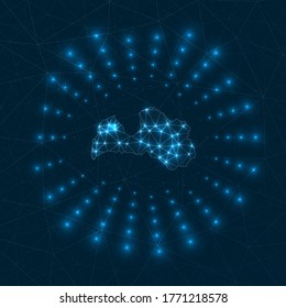 Latvia digital map. Glowing rays radiating from the country. Network connections and telecommunication design. Vector illustration.