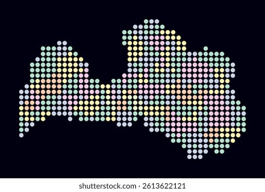 Latvia dotted map. Digital style map of the country on dark background. Latvia shape with circle dots. Colored dots style. Large size circles. Simple vector illustration.