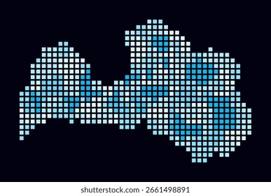 Letonia mapa punteado. Mapa de estilo digital del país sobre fondo oscuro. Forma de Letonia con puntos cuadrados. Estilo de puntos de colores. Grandes cuadrados de tamaño. Ilustración vectorial artística.