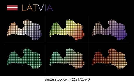 Mapa de puntos de Letonia. Mapa de Letonia en estilo punteado. Las fronteras del país están llenas de hermosos círculos de gradientes lisos. Ilustración vectorial radiante.