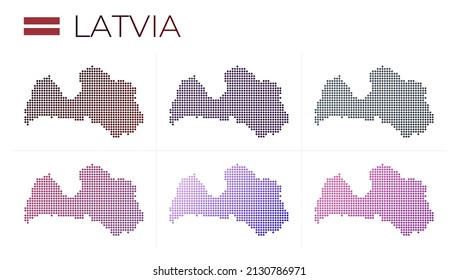 Latvia dotted map set. Map of Latvia in dotted style. Borders of the country filled with beautiful smooth gradient circles. Powerful vector illustration.